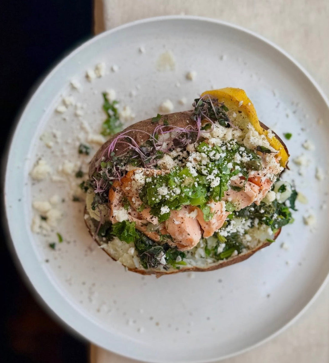 Baked Potato, Salmon, Spinach & Microgreens